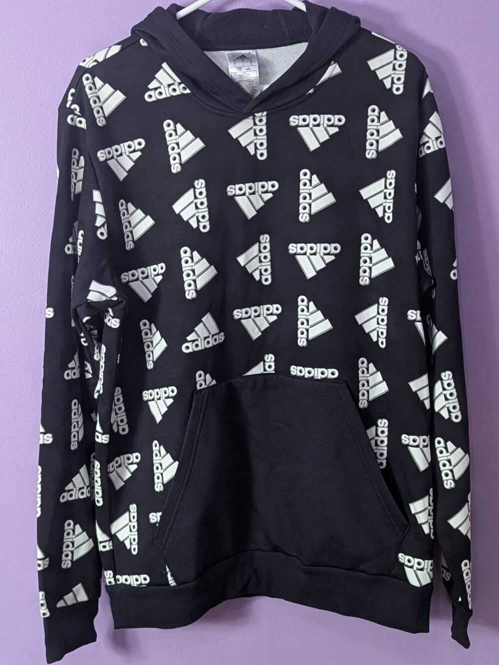 Adidas All Over Print Logo Fleece Pullover Hoodie Mens Large Black Hooded Pocket